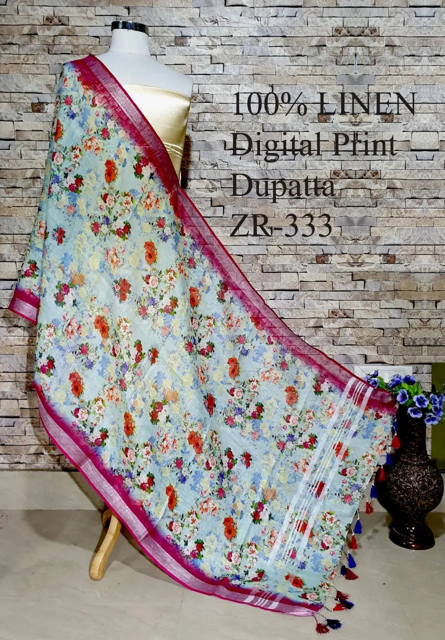 LINEN DUPATTA: Floral Digital Print Linen by Linen Dupatta with Long Tassels | KIHUMS Dupatta