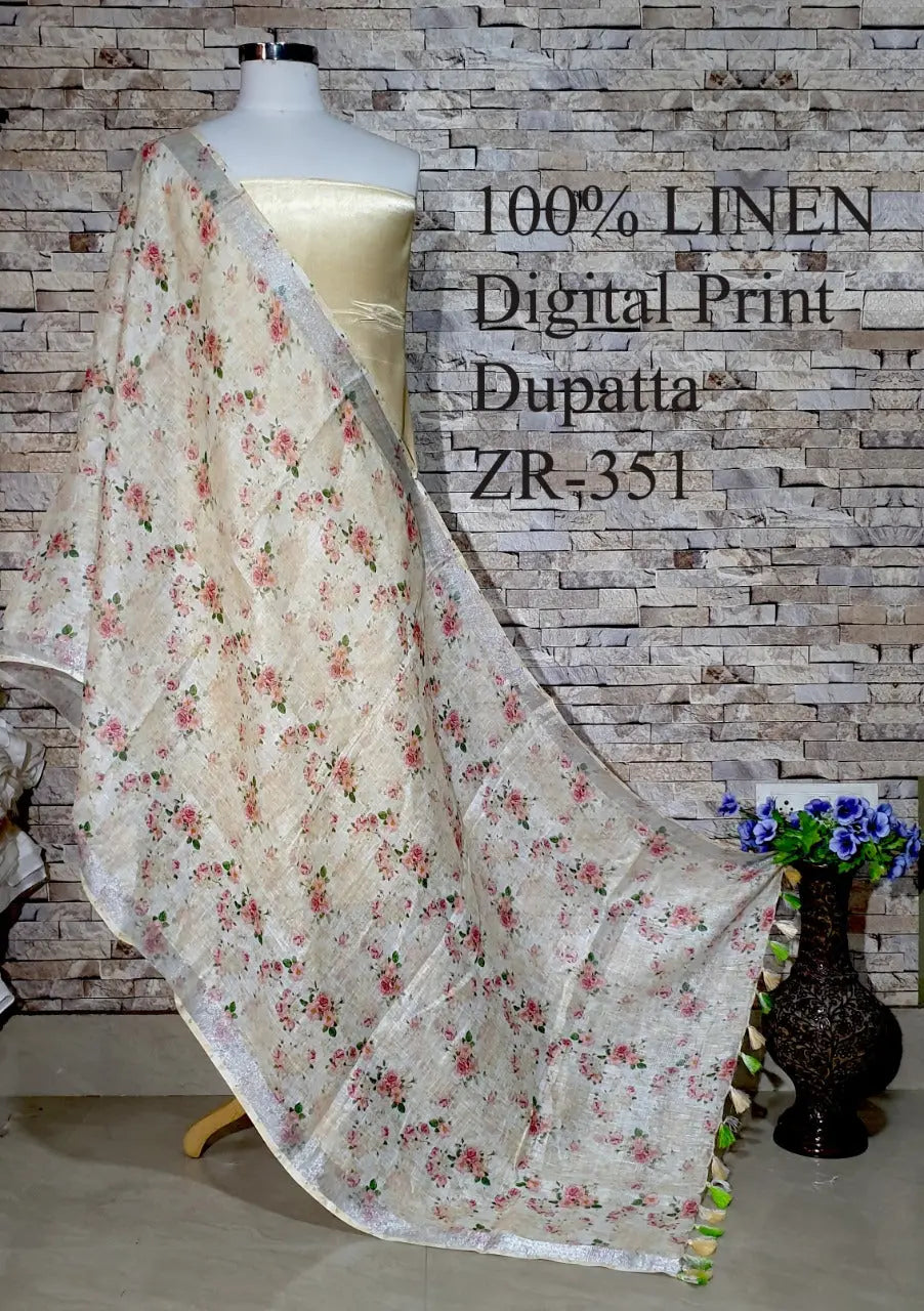 LINEN DUPATTA: Floral Digital Print Linen by Linen Dupatta with Long Tassels | KIHUMS Dupatta