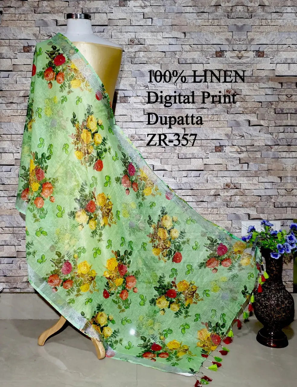 LINEN DUPATTA: Floral Digital Print Linen by Linen Dupatta with Long Tassels | KIHUMS Dupatta