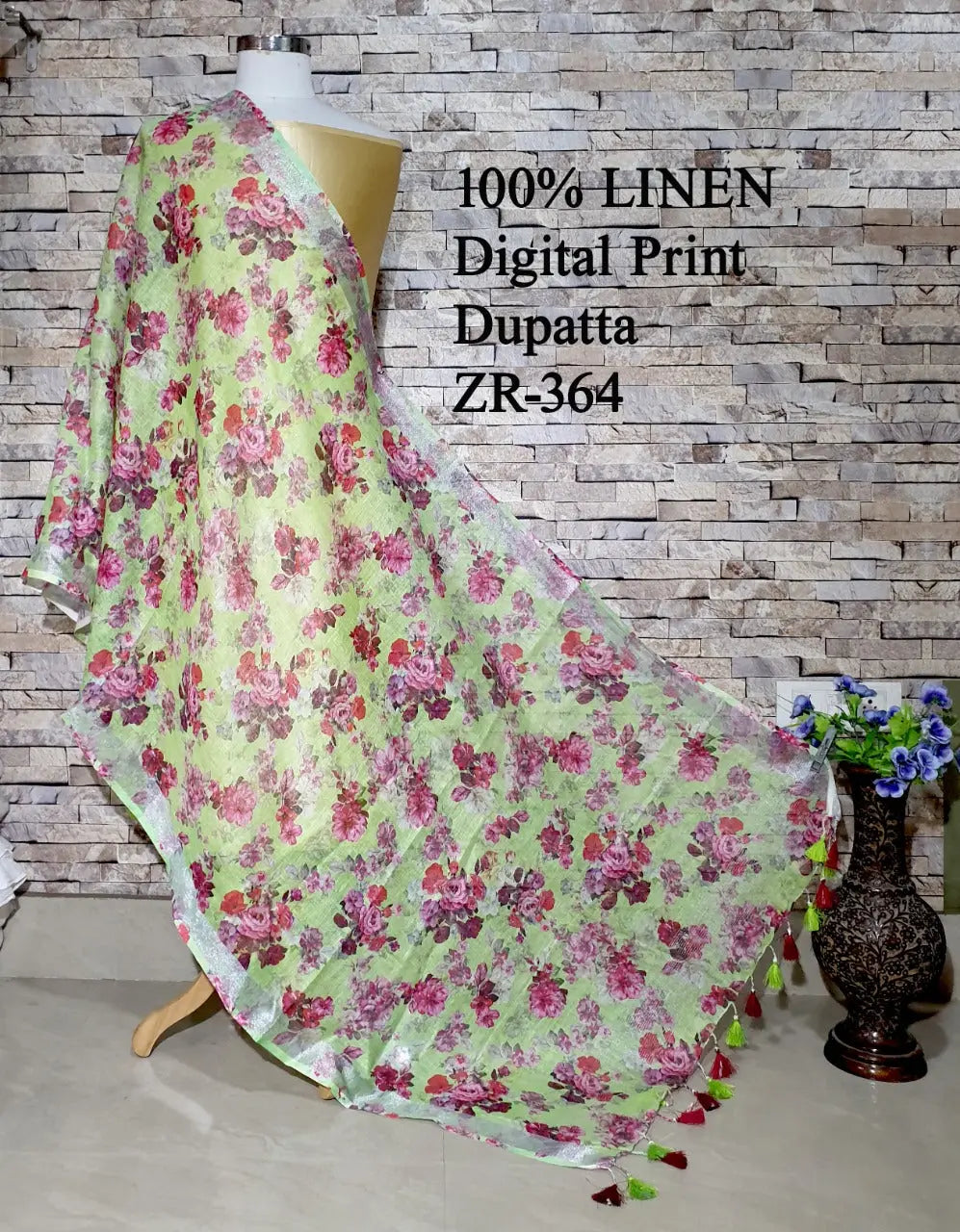 LINEN DUPATTA: Floral Digital Print Linen by Linen Dupatta with Long Tassels | KIHUMS Dupatta