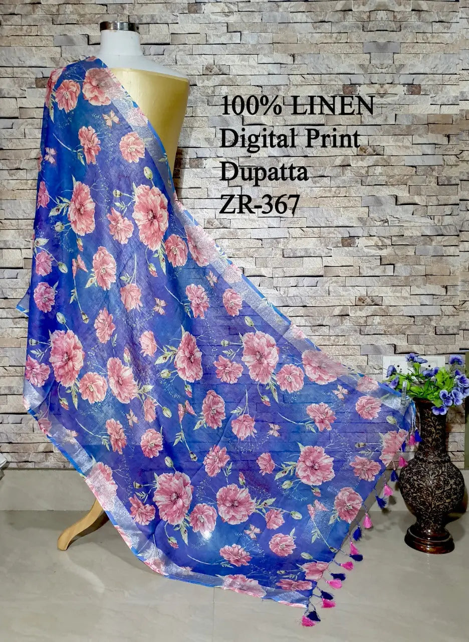 LINEN DUPATTA: Floral Digital Print Linen by Linen Dupatta with Long Tassels | KIHUMS Dupatta