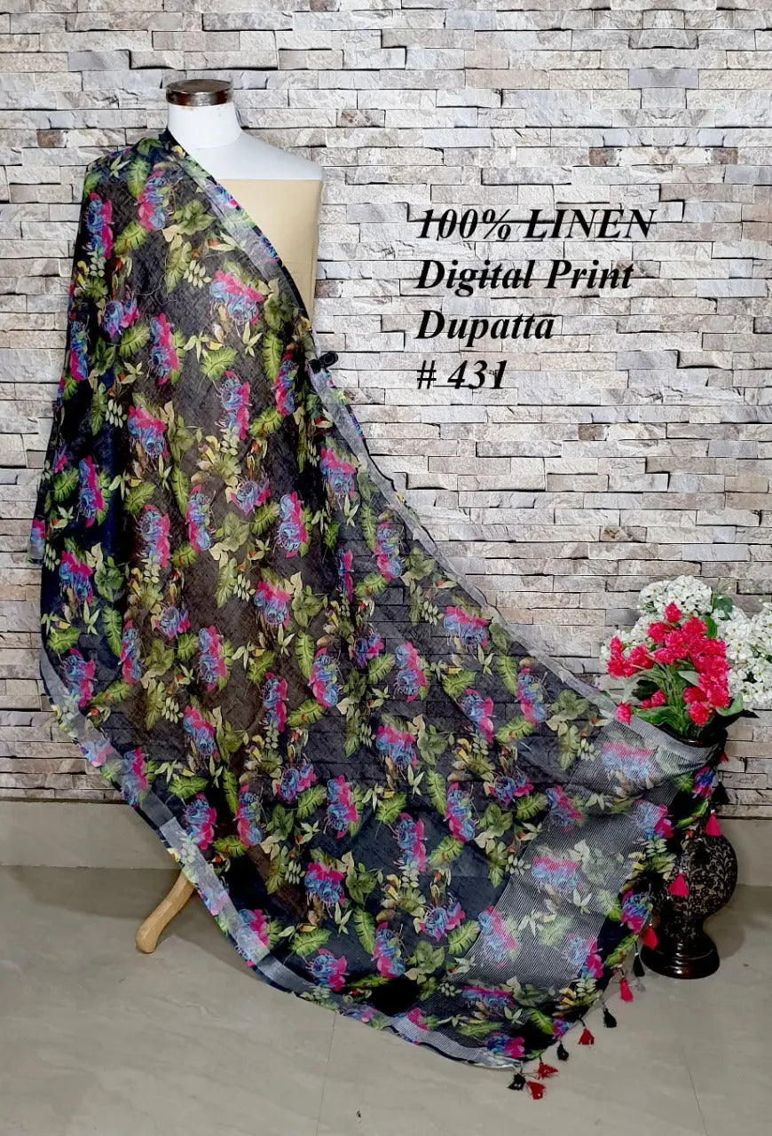 LINEN DUPATTA: Floral Digital Print Linen by Linen Dupatta with Long Tassels | KIHUMS Dupatta