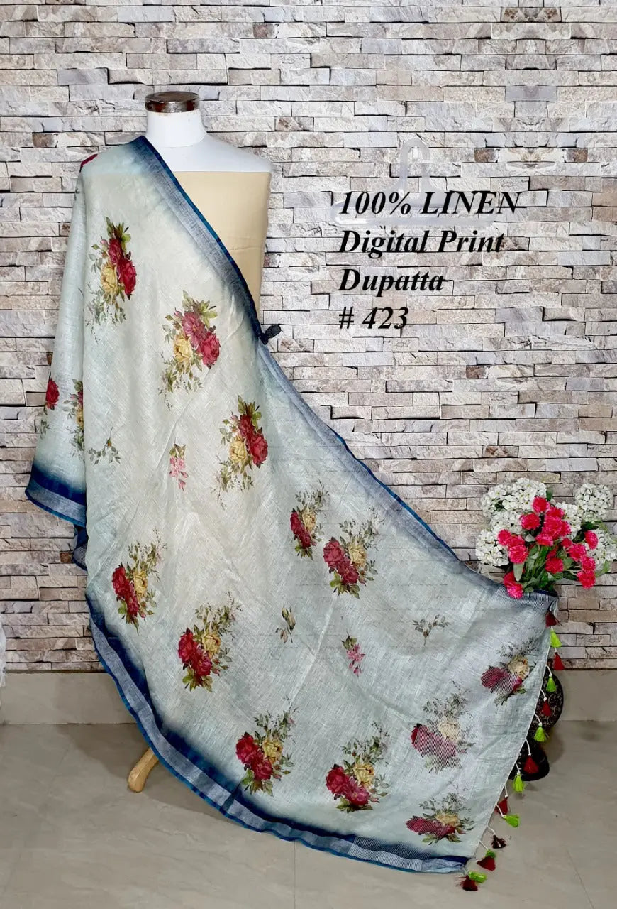 LINEN DUPATTA: Floral Digital Print Linen by Linen Dupatta with Long Tassels | KIHUMS Dupatta