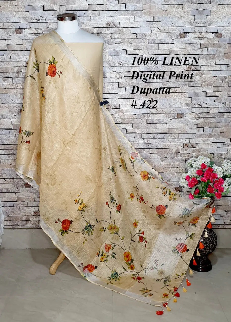 LINEN DUPATTA: Floral Digital Print Linen by Linen Dupatta with Long Tassels | KIHUMS Dupatta