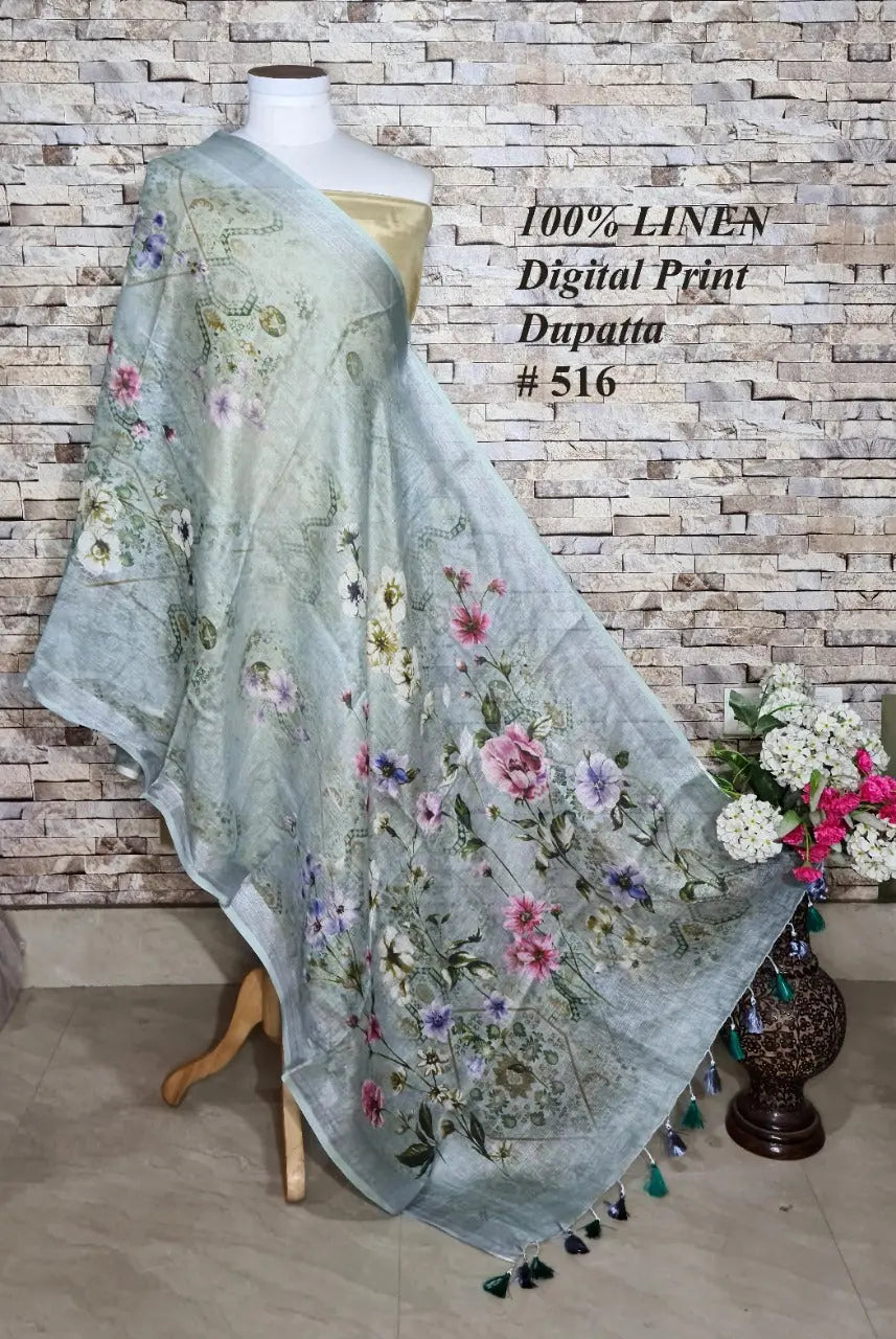 LINEN DUPATTA: Floral Digital Print Linen by Linen Dupatta with Long Tassels | KIHUMS Dupatta