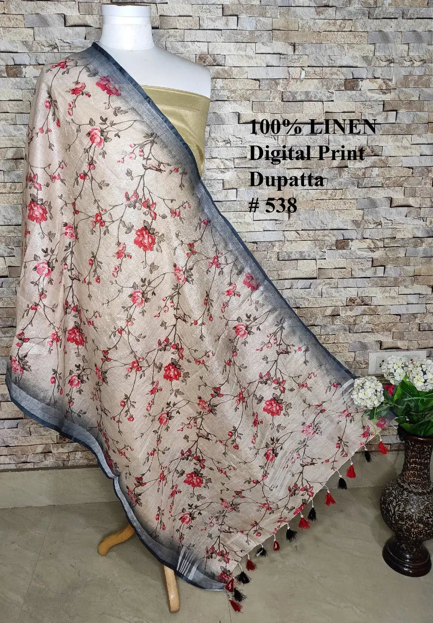 LINEN DUPATTA: Floral Digital Print Linen by Linen Dupatta with Long Tassels | KIHUMS Dupatta