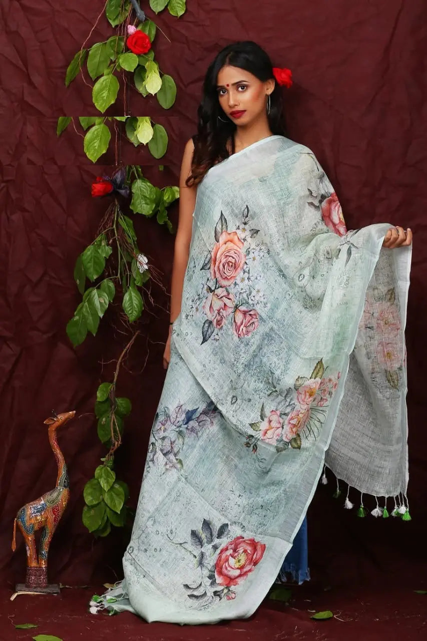 DUPATTA: Floral Digital Print Linen by Linen Dupatta with Long Tassels | KIHUMS Dupatta