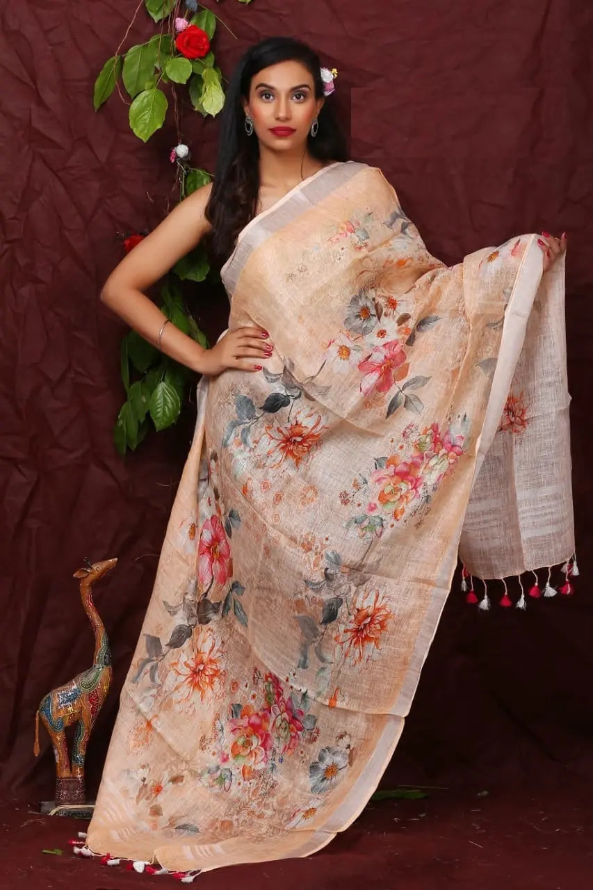 DUPATTA: Floral Digital Print Linen by Linen Dupatta with Long Tassels | KIHUMS Dupatta