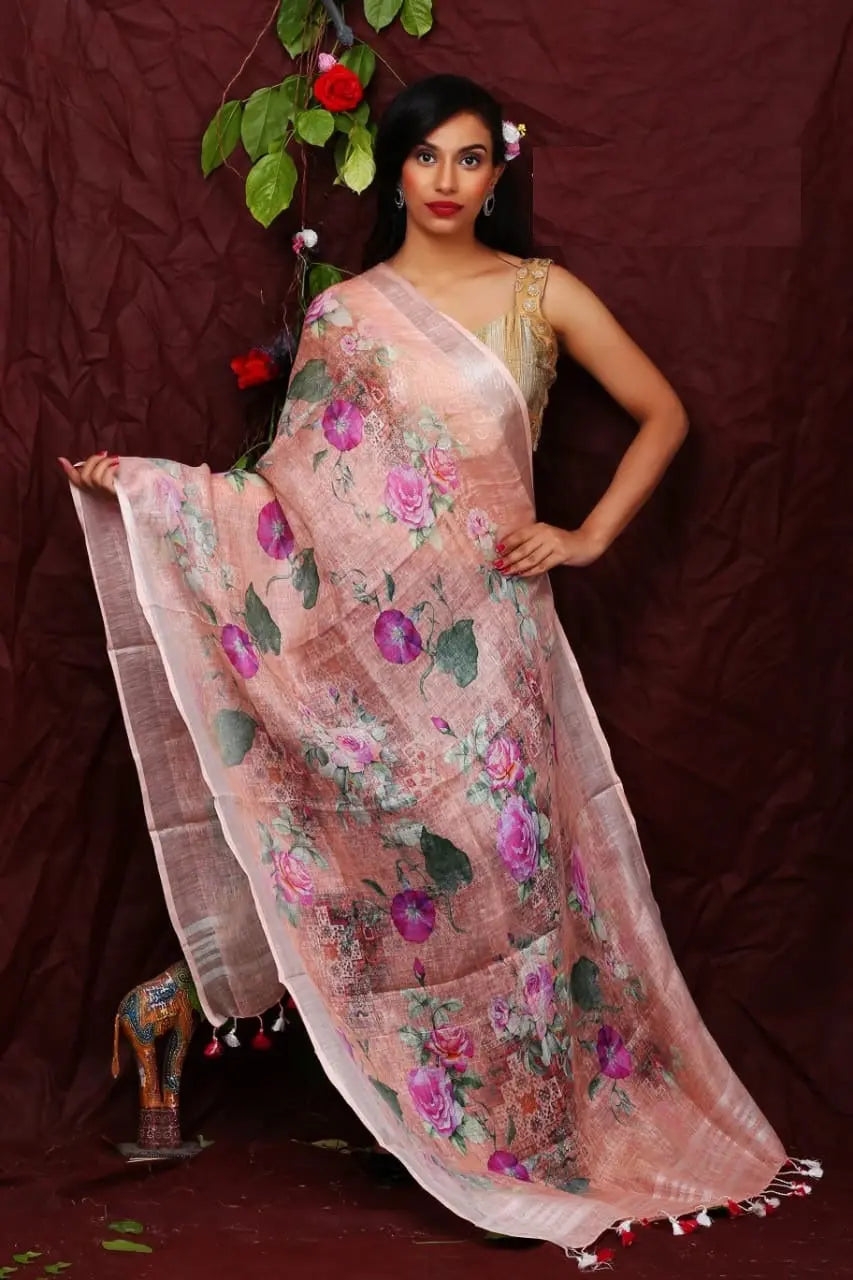 DUPATTA: Floral Digital Print Linen by Linen Dupatta with Long Tassels | KIHUMS Dupatta
