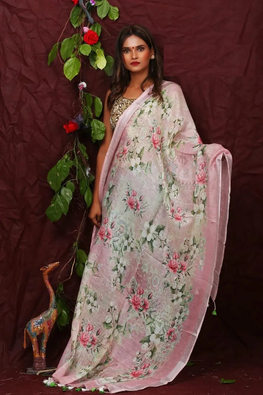 DUPATTA: Floral Digital Print Linen by Linen Dupatta with Long Tassels | KIHUMS Dupatta kihums clothing