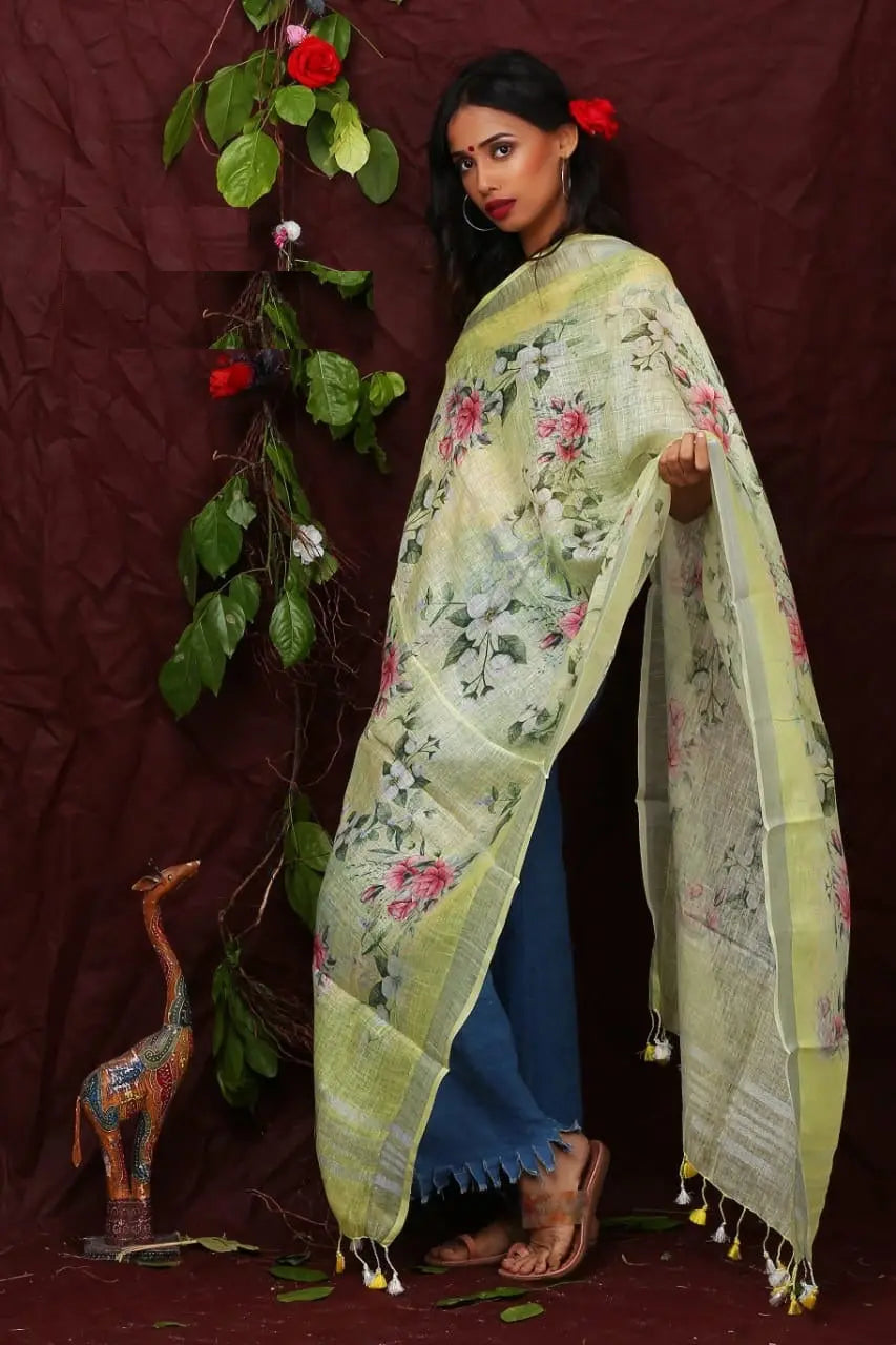 DUPATTA: Floral Digital Print Linen by Linen Dupatta with Long Tassels | KIHUMS Dupatta