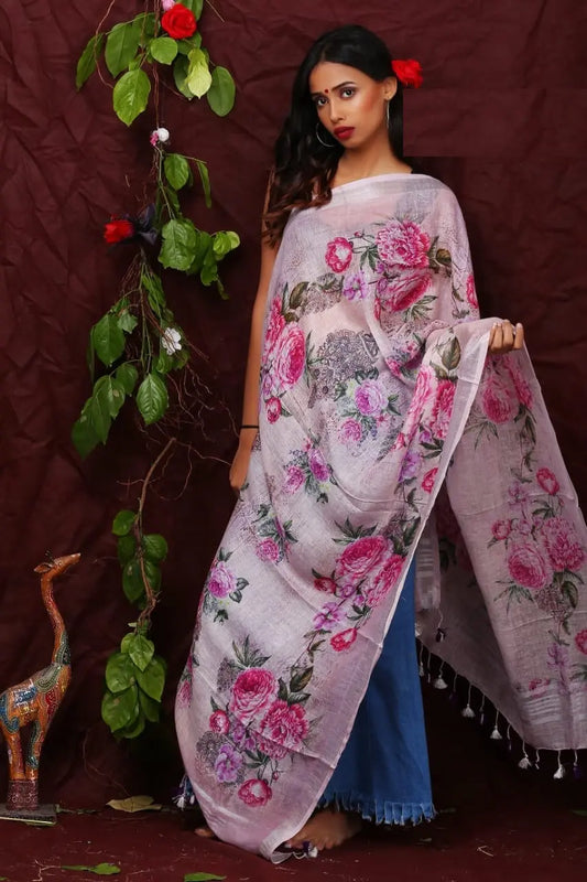 DUPATTA: Floral Digital Print Linen by Linen Dupatta with Long Tassels | KIHUMS Dupatta kihums clothing