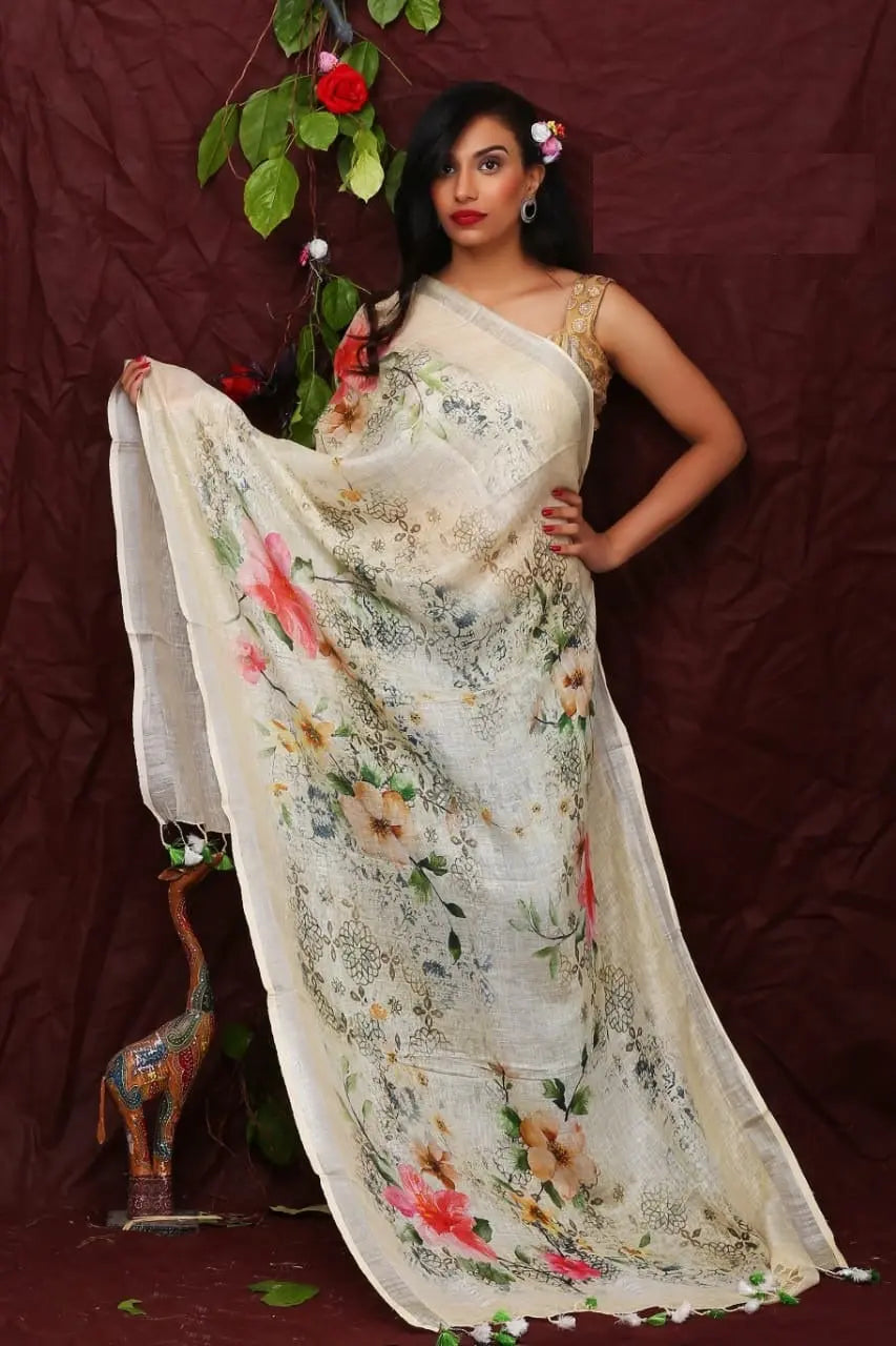 DUPATTA: Floral Digital Print Linen by Linen Dupatta with Long Tassels | KIHUMS Dupatta