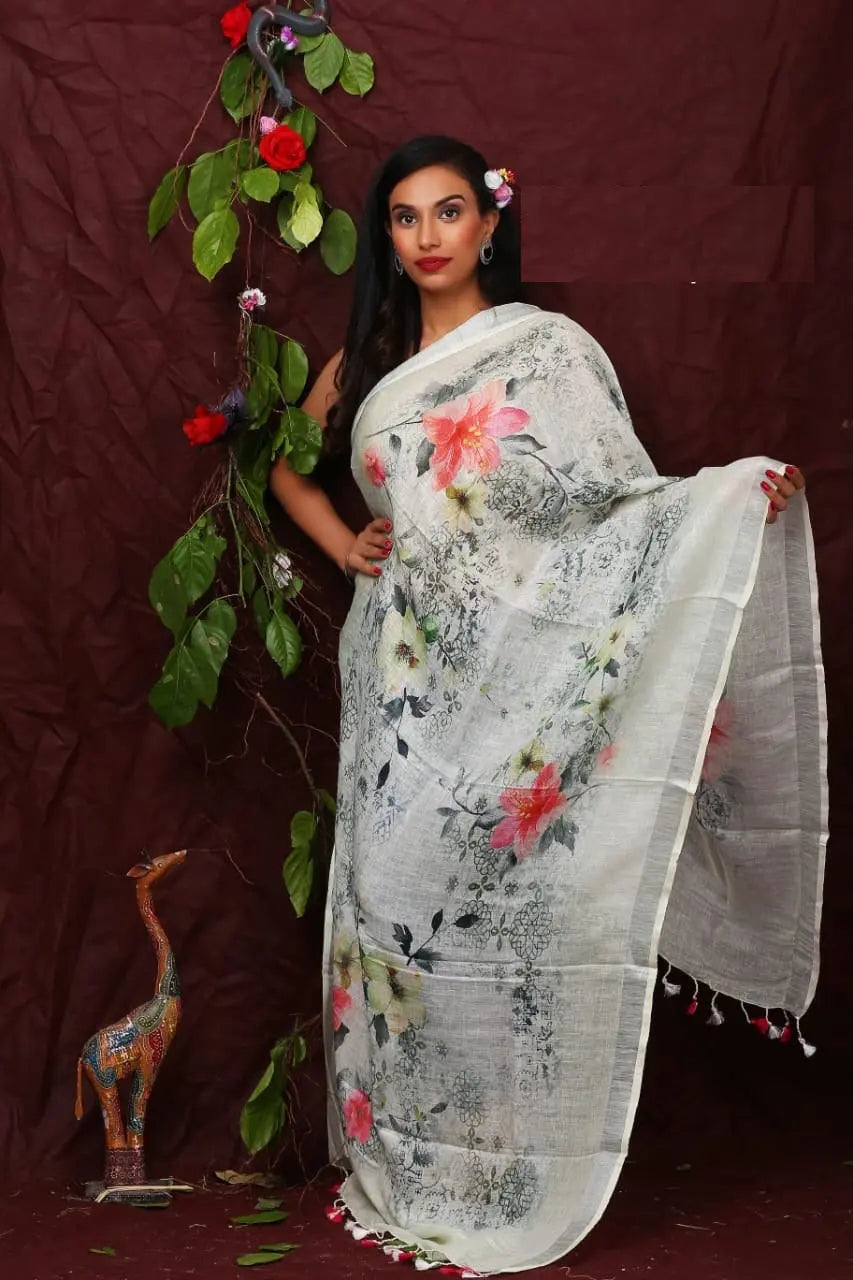 DUPATTA: Floral Digital Print Linen by Linen Dupatta with Long Tassels | KIHUMS Dupatta