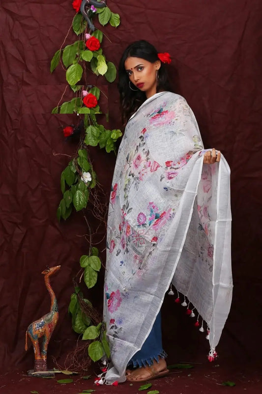 DUPATTA: Floral Digital Print Linen by Linen Dupatta with Long Tassels | KIHUMS Dupatta kihums clothing