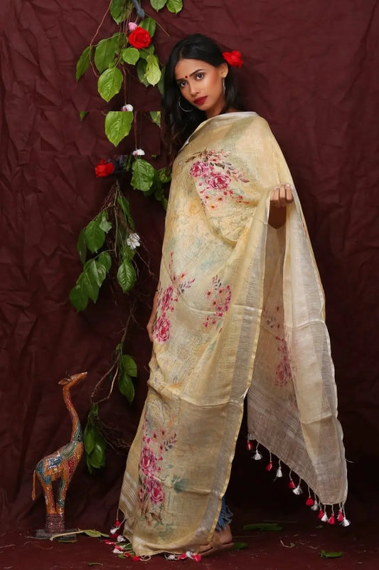 DUPATTA: Floral Digital Print Linen by Linen Dupatta with Long Tassels | KIHUMS Dupatta kihums clothing