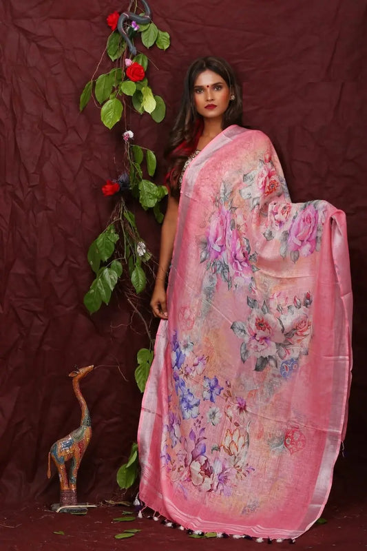 DUPATTA: Floral Digital Print Linen by Linen Dupatta with Long Tassels | KIHUMS Dupatta kihums clothing