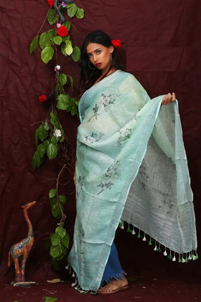 DUPATTA: Floral Digital Print Linen by Linen Dupatta with Long Tassels | KIHUMS Dupatta