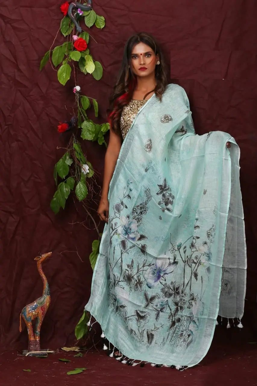 DUPATTA: Floral Digital Print Linen by Linen Dupatta with Long Tassels | KIHUMS Dupatta