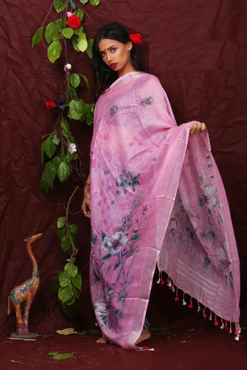 DUPATTA: Floral Digital Print Linen by Linen Dupatta with Long Tassels | KIHUMS Dupatta