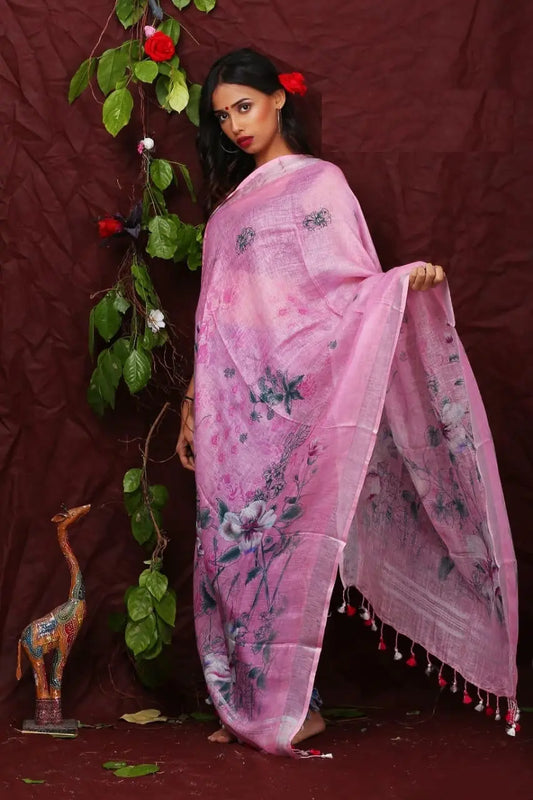 DUPATTA: Floral Digital Print Linen by Linen Dupatta with Long Tassels | KIHUMS Dupatta kihums clothing