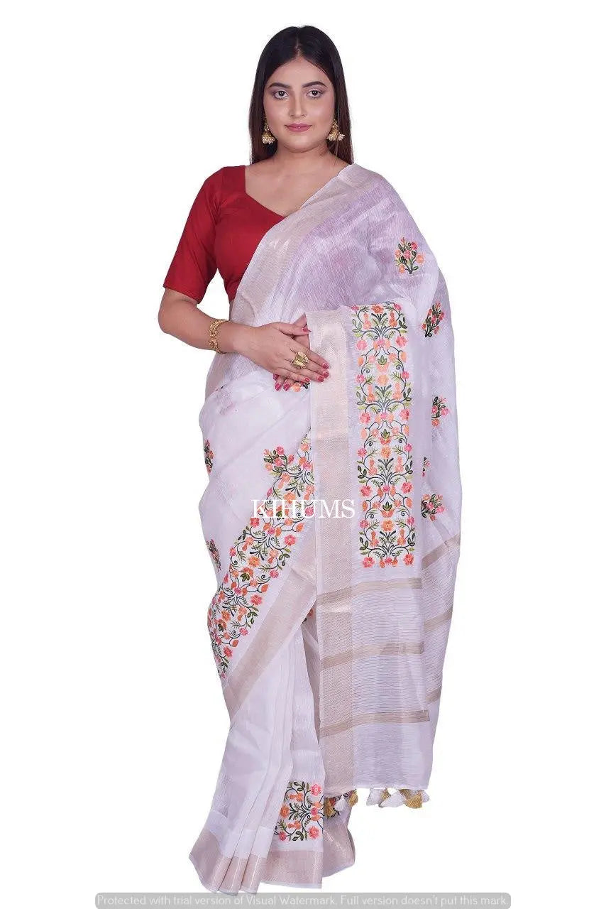 White Handwoven Silk Linen Saree with Embroidery Work | Gold Zari Border | KIHUMS Saree kihums clothing