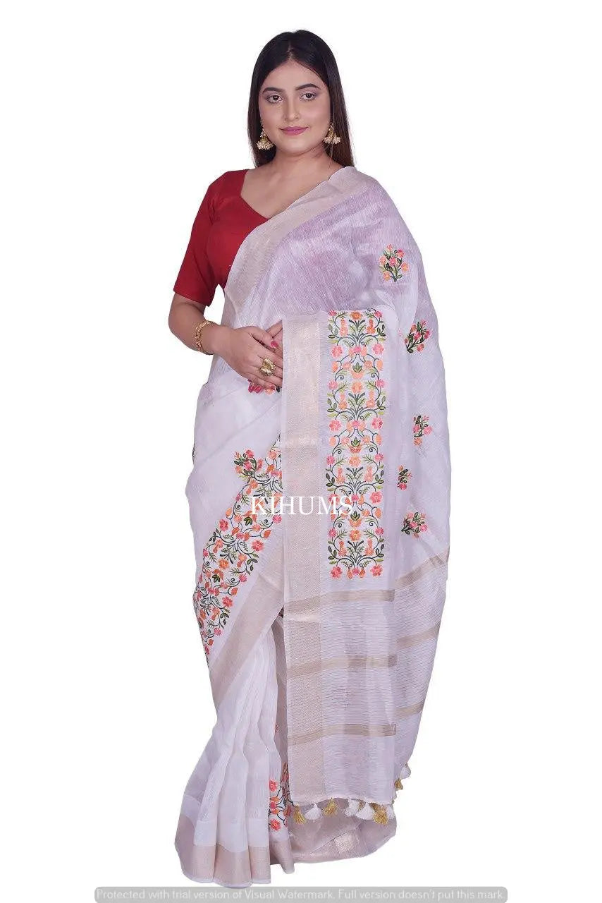 White Handwoven Silk Linen Saree with Embroidery Work | Gold Zari Border | KIHUMS Saree kihums clothing