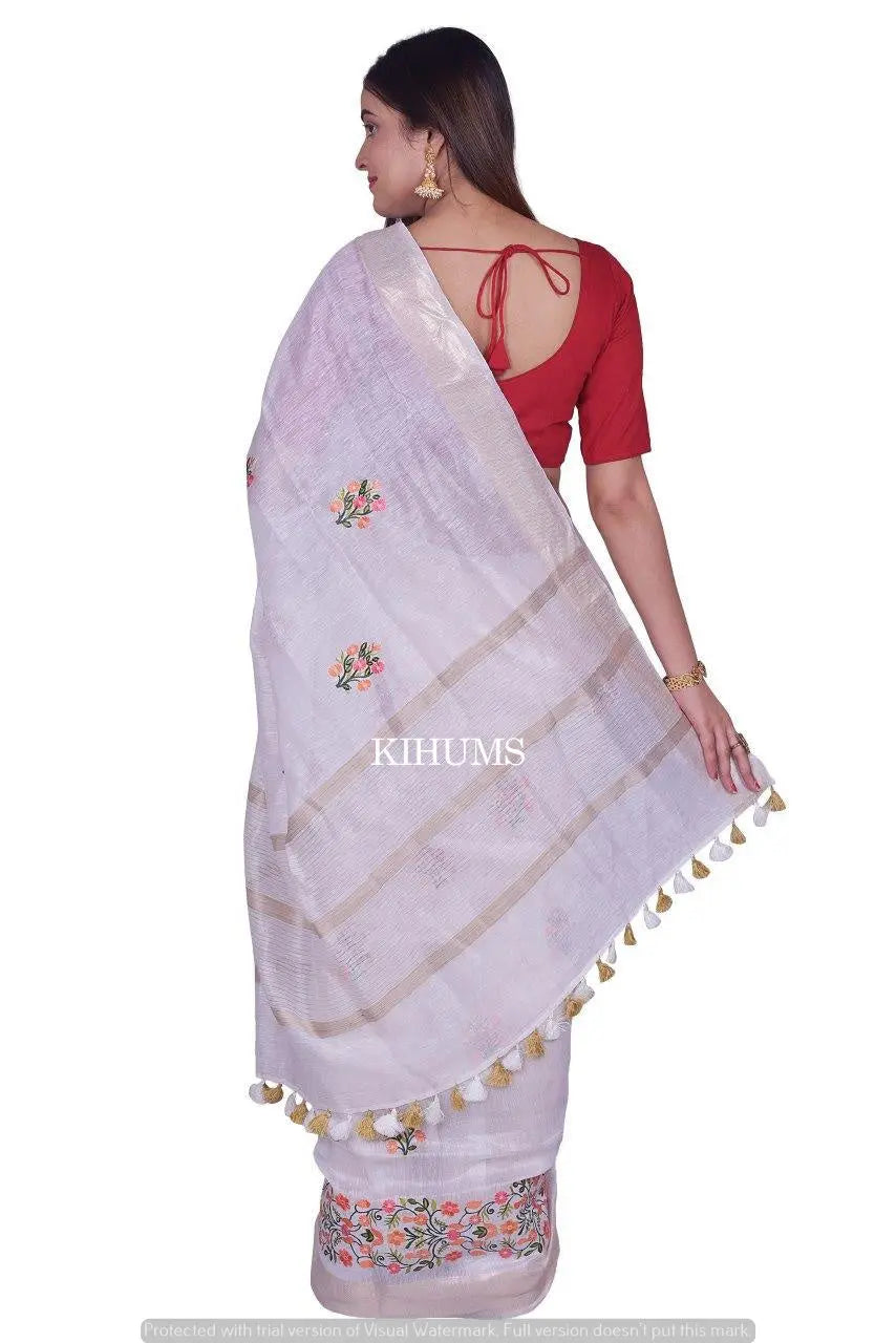 White Handwoven Silk Linen Saree with Embroidery Work | Gold Zari Border | KIHUMS Saree kihums clothing