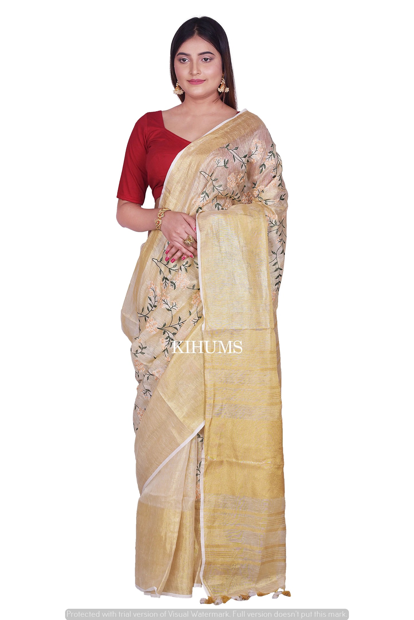 Light Gold Shade Handwoven Linen Saree with Embroidery Work | Gold Zari Border | KIHUMS Saree kihums clothing