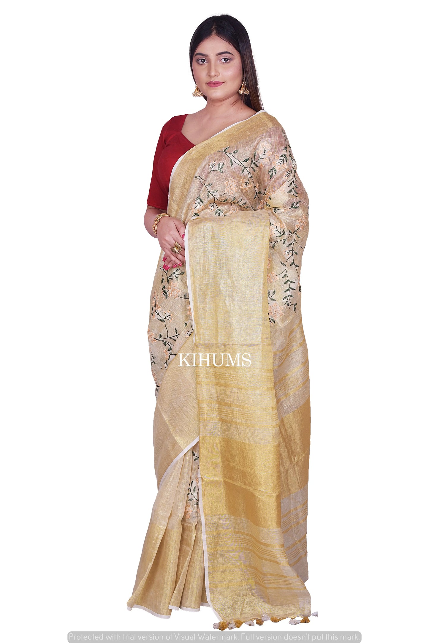 Light Gold Shade Handwoven Linen Saree with Embroidery Work | Gold Zari Border | KIHUMS Saree kihums clothing