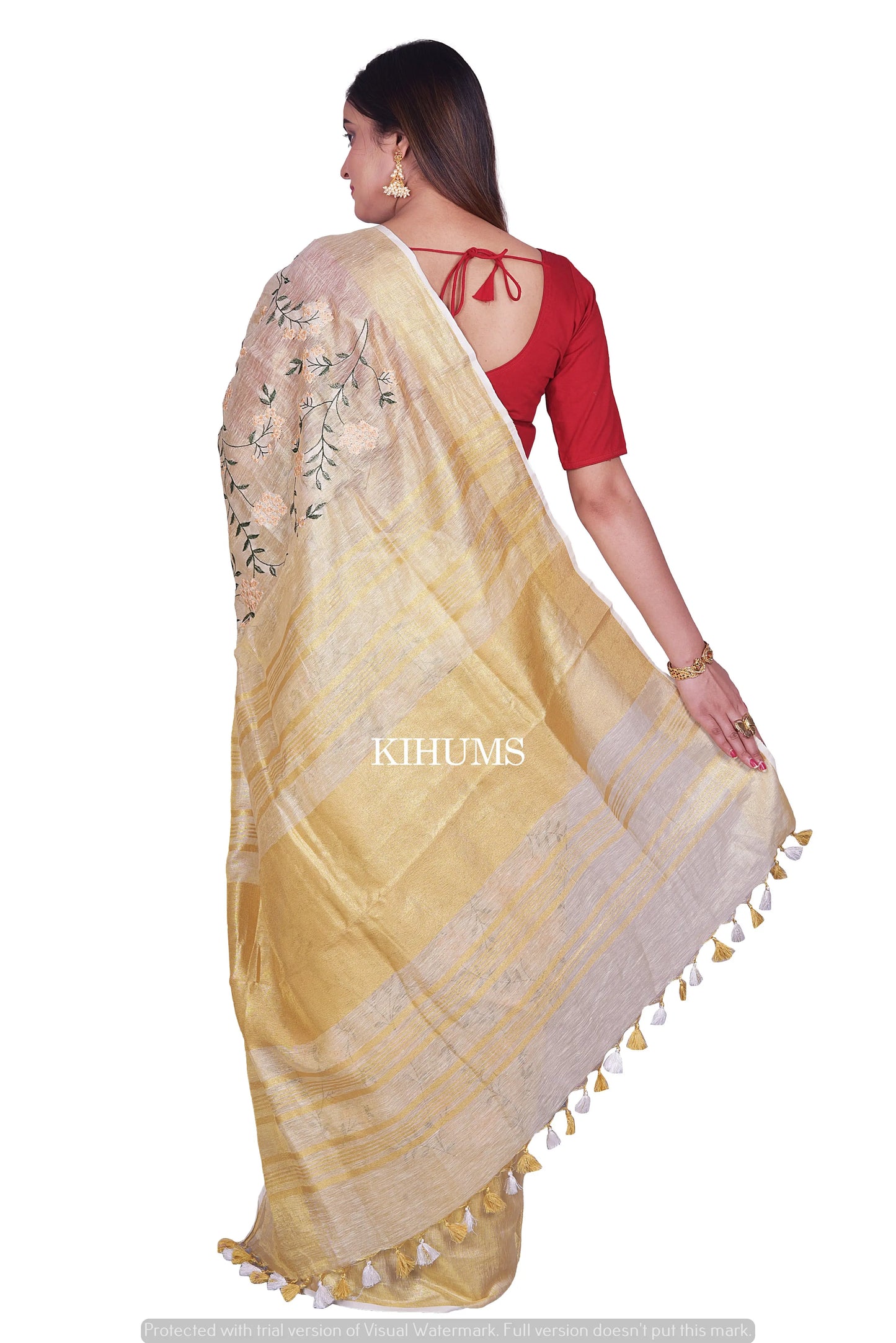 Light Gold Shade Handwoven Linen Saree with Embroidery Work | Gold Zari Border | KIHUMS Saree kihums clothing