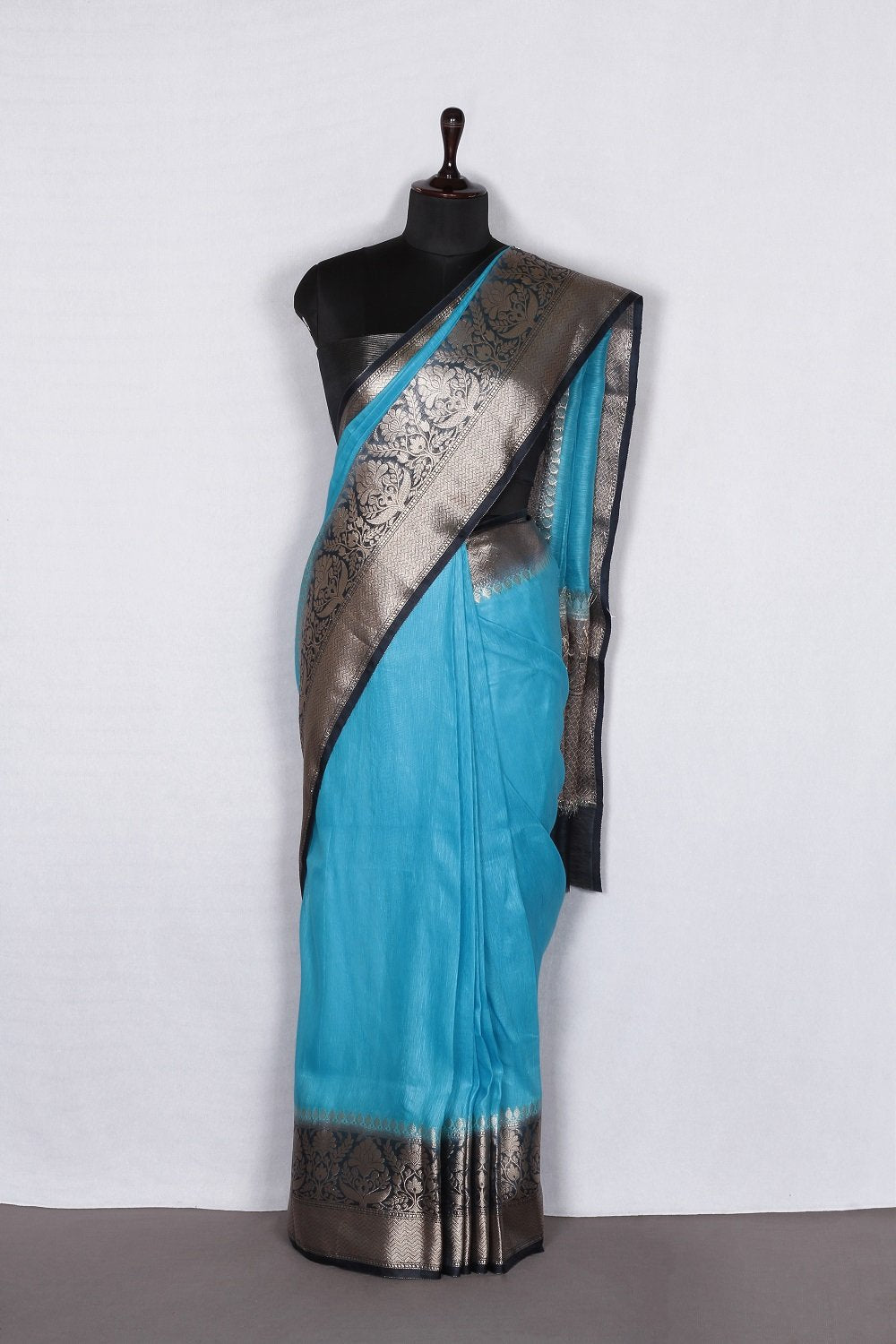 Banarasi Silk Linen Saree | Black and Gold Zari Border | Blue Body | KIHUMS Saree
