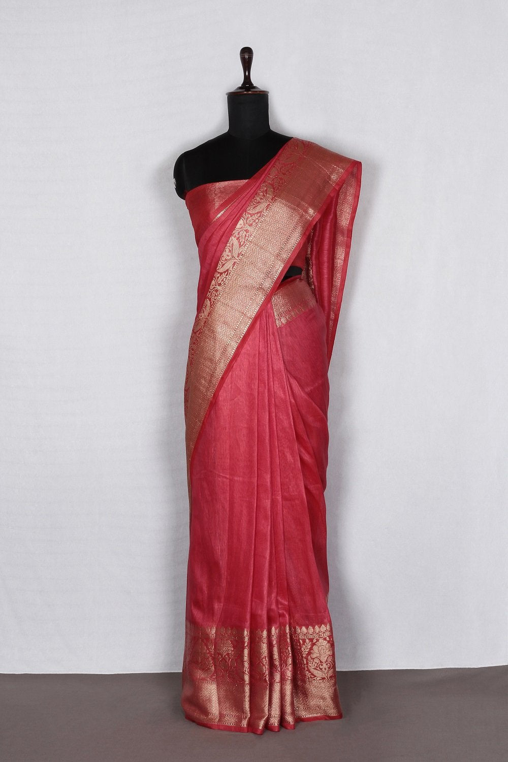 Banarasi Silk Linen Saree | Gold Zari Border | Red Body | KIHUMS Saree