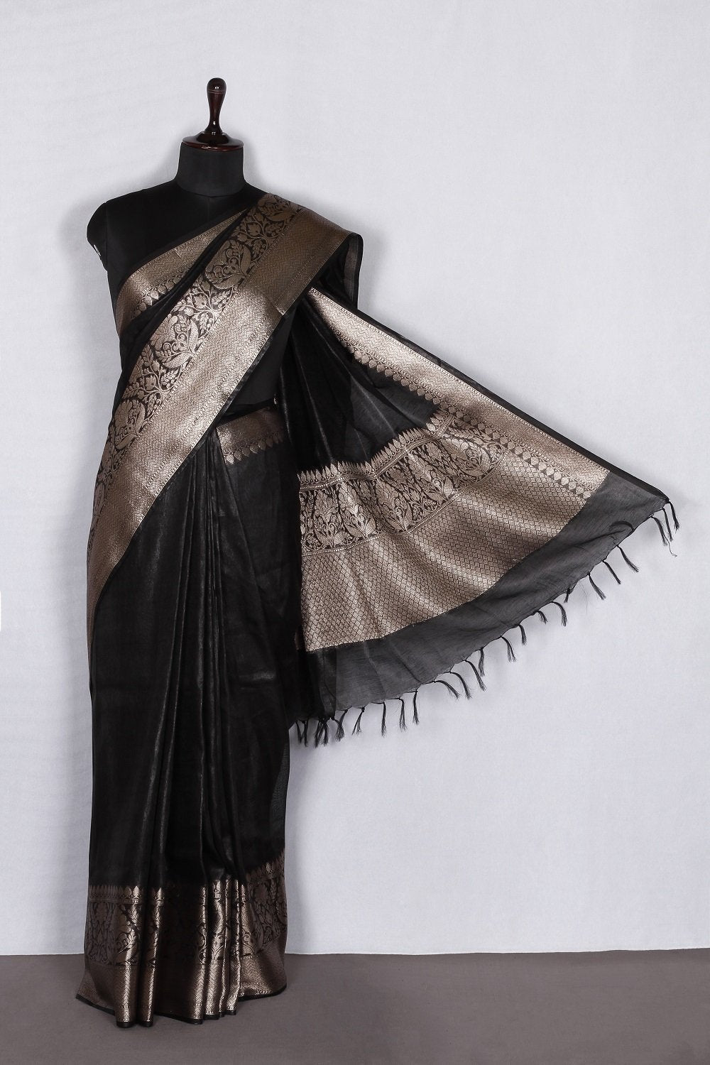 Banarasi Silk Linen Saree | Gold Zari Border | Black Body | KIHUMS Saree