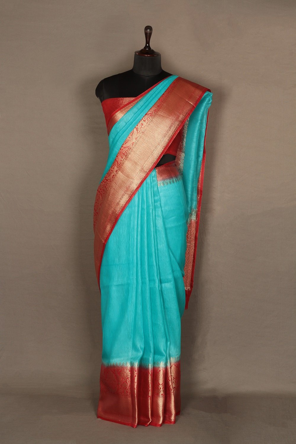 Banarasi Silk Linen Saree | Red and Gold Zari Border | Turquoise Body | KIHUMS Saree