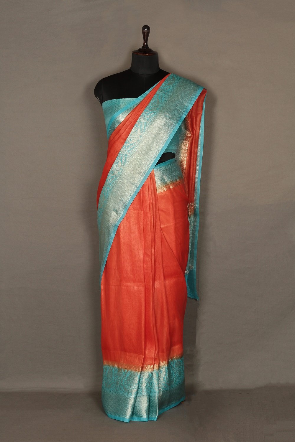 Banarasi Silk Linen Saree | Blue and Gold Zari Border | Orange Body | KIHUMS Saree