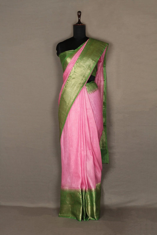 Banarasi Silk Linen Saree | Green and Gold Zari Border | Pink Body | KIHUMS Saree