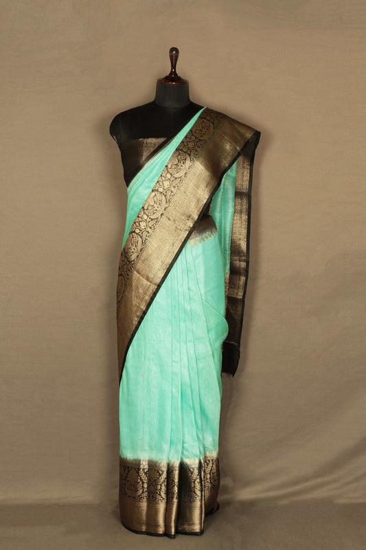 Banarasi Silk Linen Saree | Black and Gold Zari Border | Pista Body | KIHUMS Saree