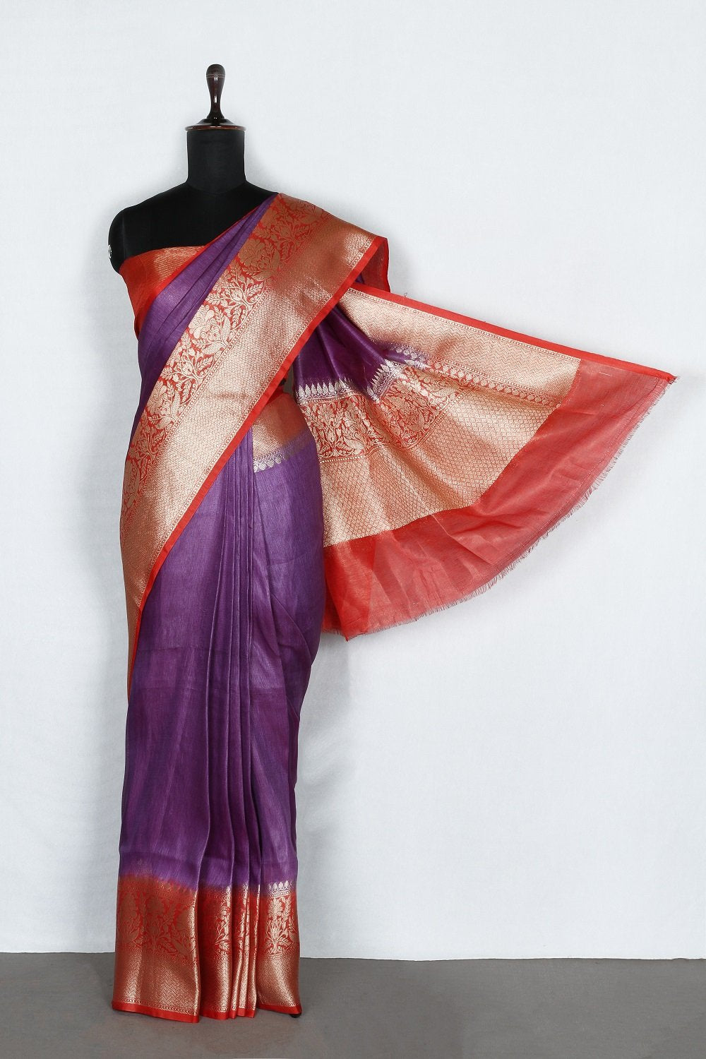 Banarasi Silk Linen Saree | Red and Gold Zari Border | Purple Body | KIHUMS Saree