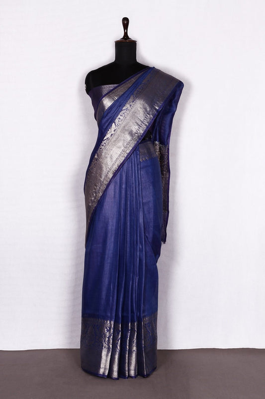 Banarasi Silk Linen Saree | Gold Zari Border | Blue Body | KIHUMS Saree