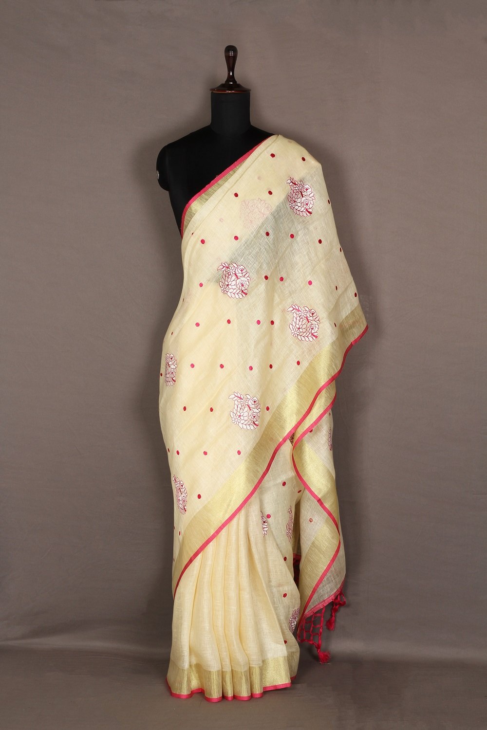 Cream shade Handwoven Organic Linen Saree with Floral Embroidery | KIHUMS Saree