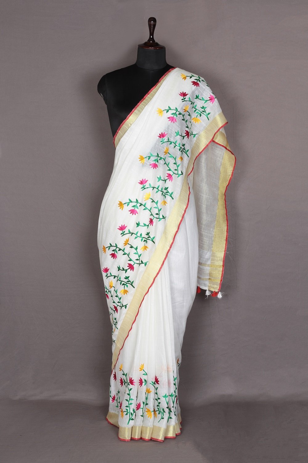 White shade Handwoven Organic Linen Saree with Embroidery Work | KIHUMS Saree