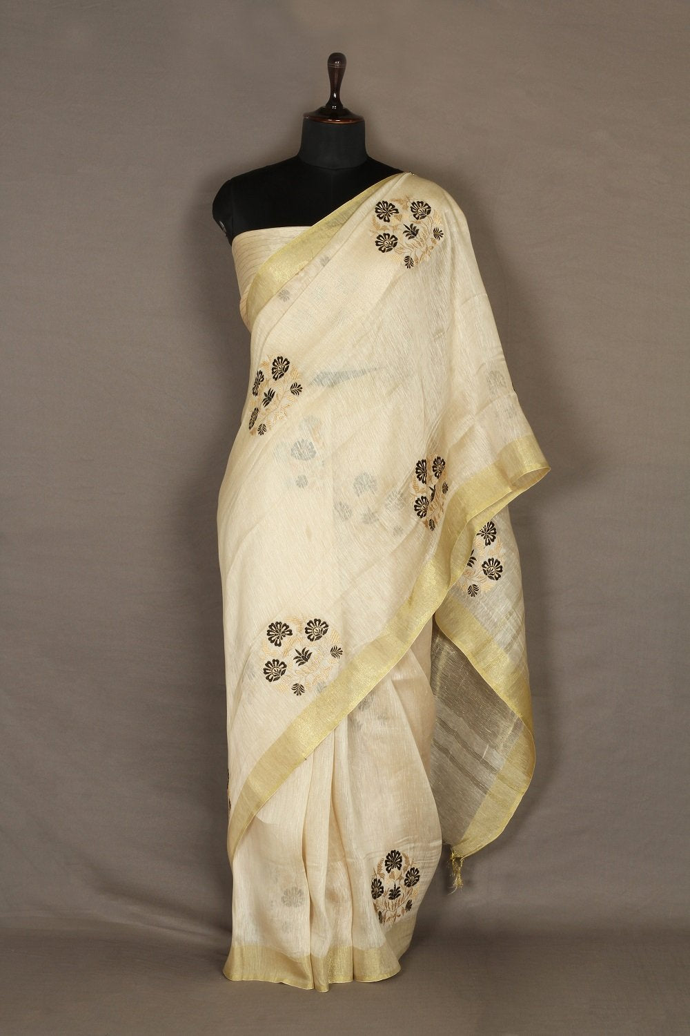 Off White shade Handwoven Organic Linen Saree with Embroidery Work | KIHUMS Saree