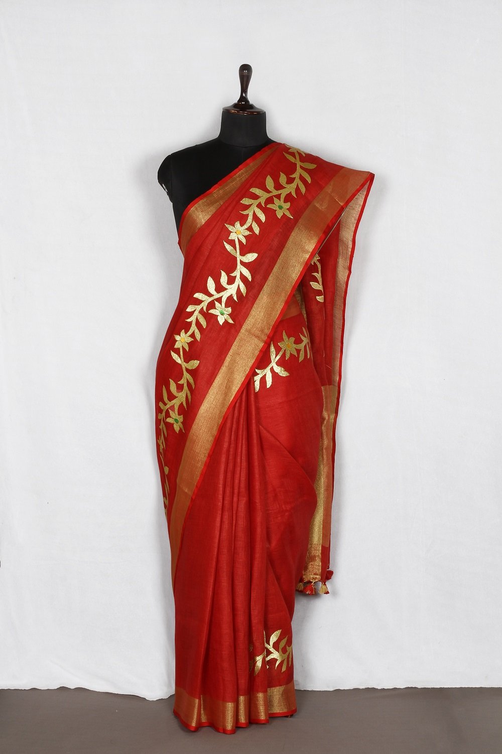 Red shade Handwoven Organic Linen Saree with Embroidery Work | KIHUMS Saree