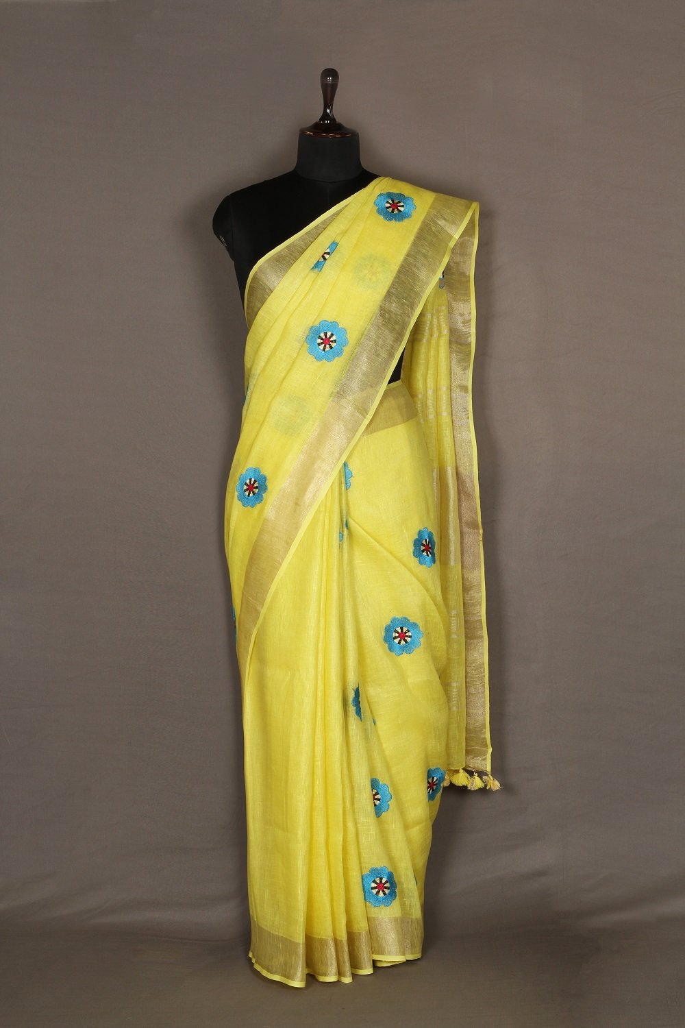 Yellow shade Handwoven Organic Linen Saree with Embroidery Work | KIHUMS Saree