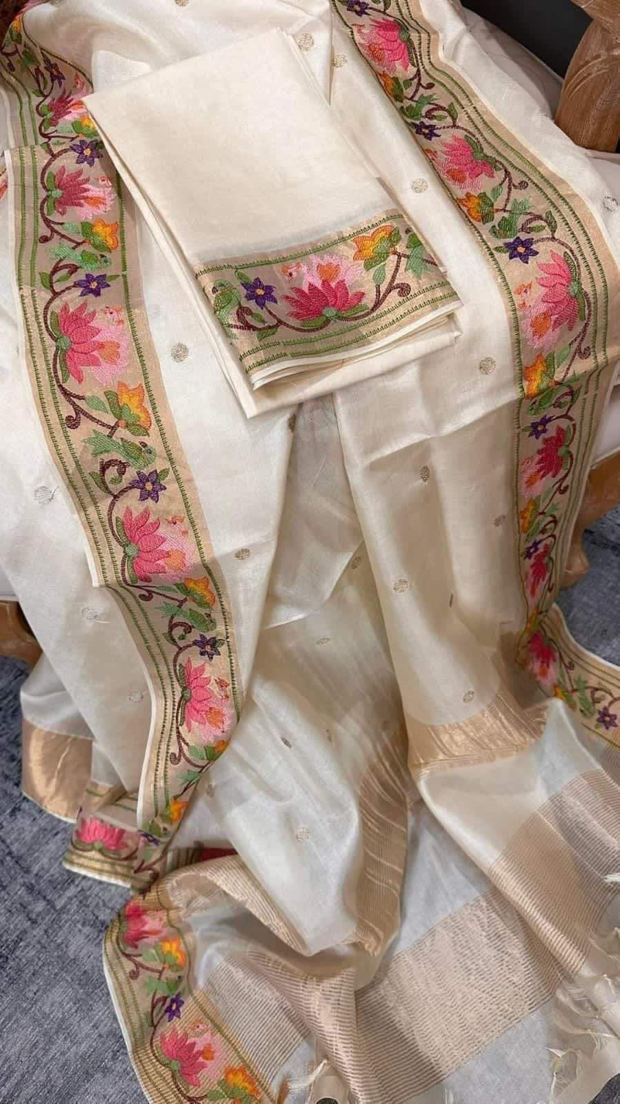 Off White Handwoven Desi Tussar Raw Silk Saree with woven motifs| KIHUMS Saree