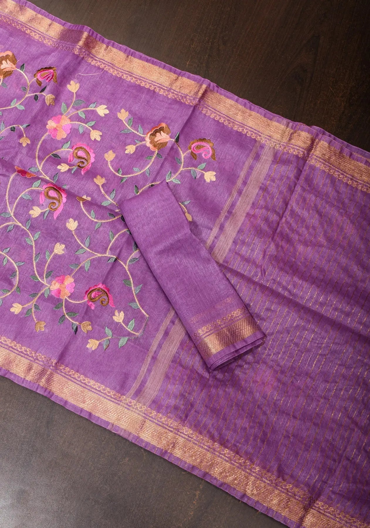 Floral Jaal embroidery on Silk Linen In Purple with woven zari borders| KIHUMS Saree