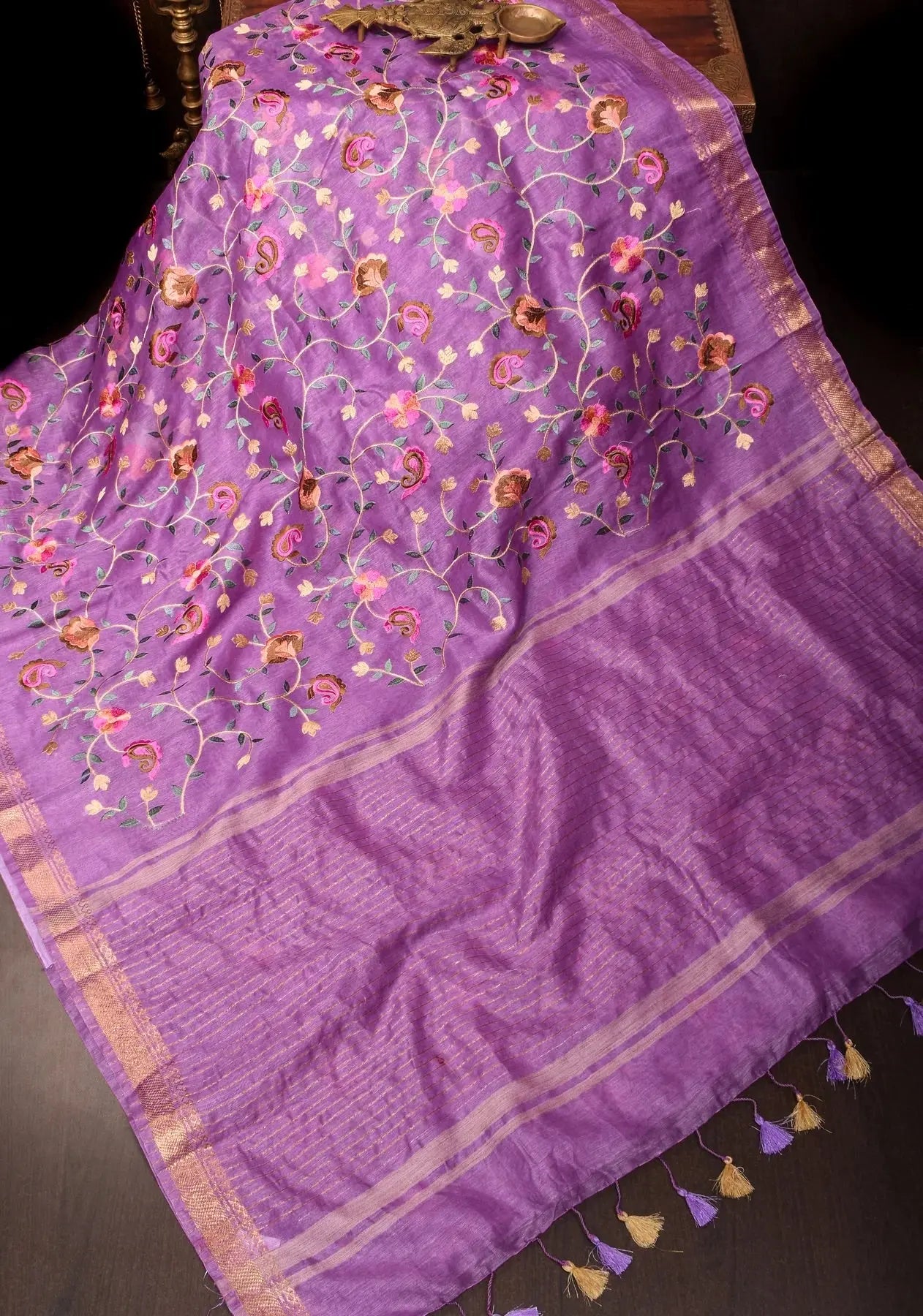 Floral Jaal embroidery on Silk Linen In Purple with woven zari borders| KIHUMS Saree