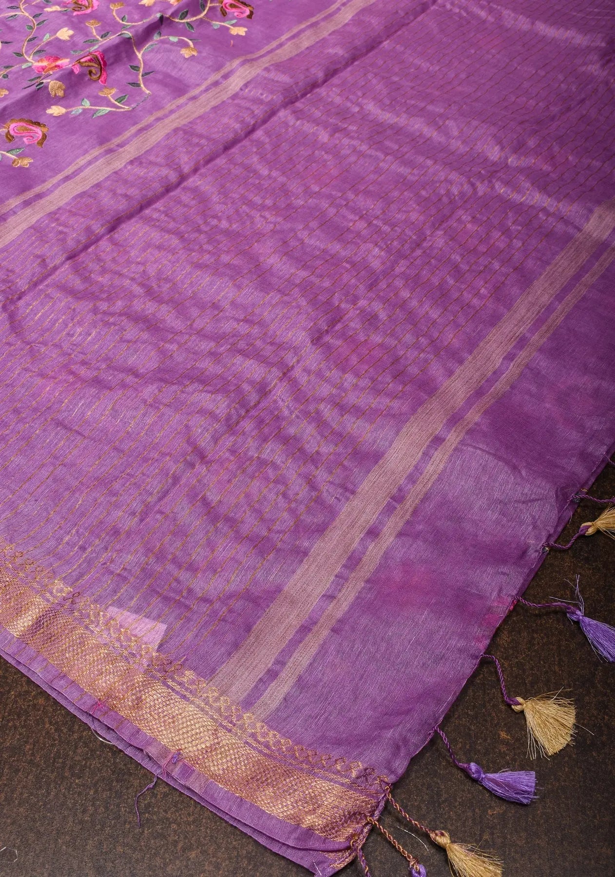 Floral Jaal embroidery on Silk Linen In Purple with woven zari borders| KIHUMS Saree