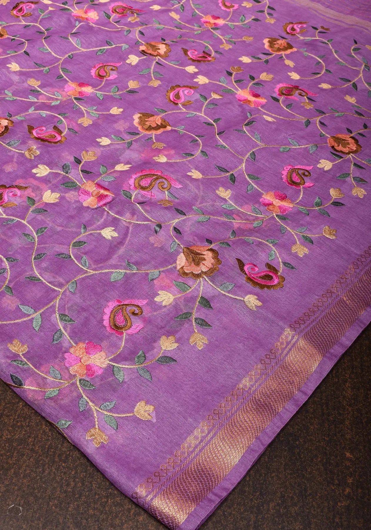 Floral Jaal embroidery on Silk Linen In Purple with woven zari borders| KIHUMS Saree